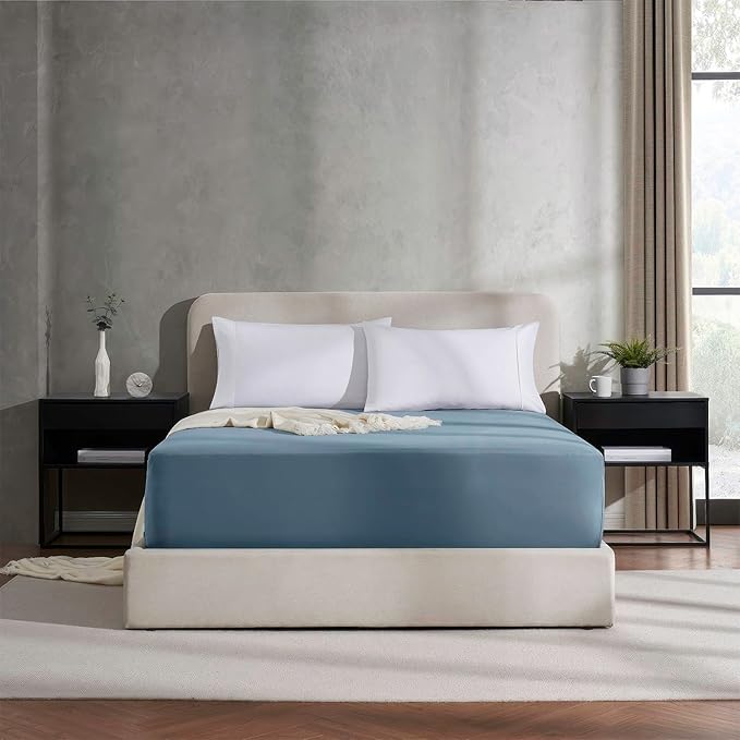 Nestl Stone Blue Extra Deep Pocket Fitted Sheet Full Size, Hotel Luxury Deep Pocket Full Size Fitted Sheet Only Easily Fits 18 to 24 Inch Mattress, Soft, Wrinkle-Free, Breathable with Corner Straps