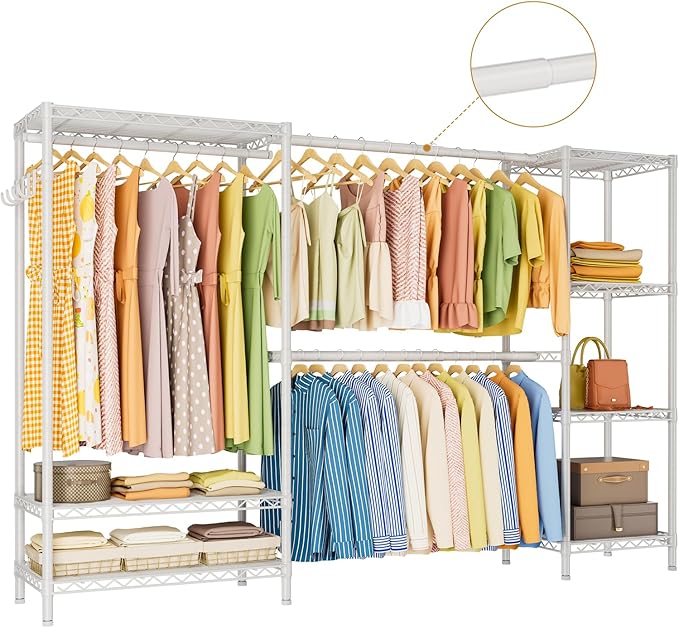 Golpart Heavy Duty Garment Rack Clothes Rack,Large Metal Closet Organizer System Storage Wardrobe,Freestanding Clothing Rack with 9 Adjustable Wire Shelves&3 Hang Rods,MaxLoad 1500lbs White