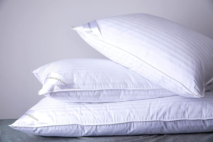 Queen Size Goose Down Feather Hotel Collection Bed Pillows for Sleeping One Pillow for Back, Stomach or Side Sleepers Stripe White Color