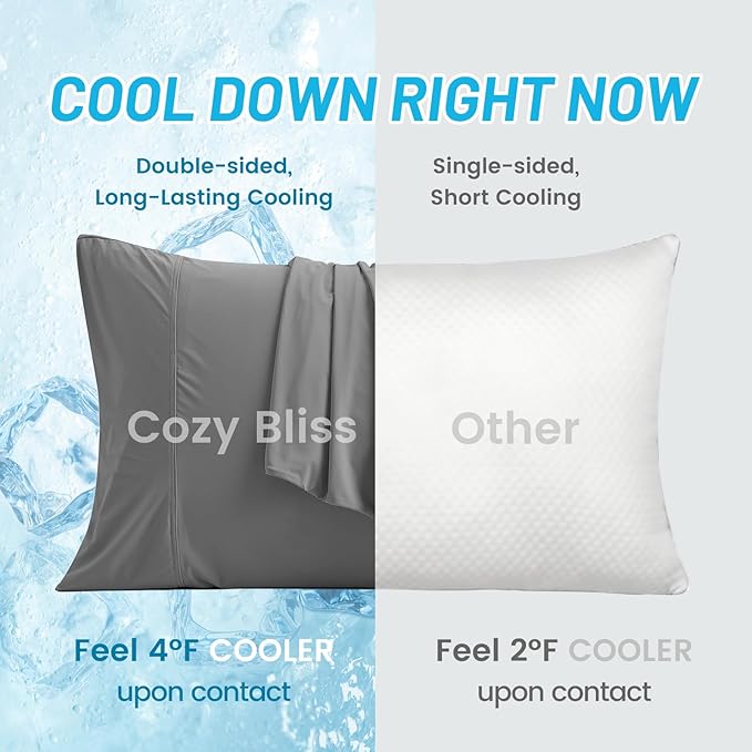Cozy Bliss Cooling Pillow Cases for Hot Sleepers, Q-Max>0.45, Standard Size Set of 2, Soft & Silky Pillow Covers with Envelope Closure,Gift, Dark Gray, 20x26 Inches