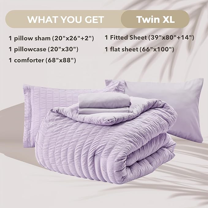 HYMOKEGE Lavender Twin XL Comforter Set Seersucker 5 Pieces, All Season Luxury Bed in a Bag for Bedroom, Bedding Set with Comforter, Sheets, Pillowcase & Sham