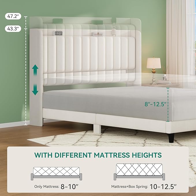 YITAHOME Queen Bed Frame with Adjustable Velvet Wingback Headboard 43.3"-47.4", Upholstered Platform Bed with LED Lights, Solid Wood Slat Support, No Box Spring Needed,Beige