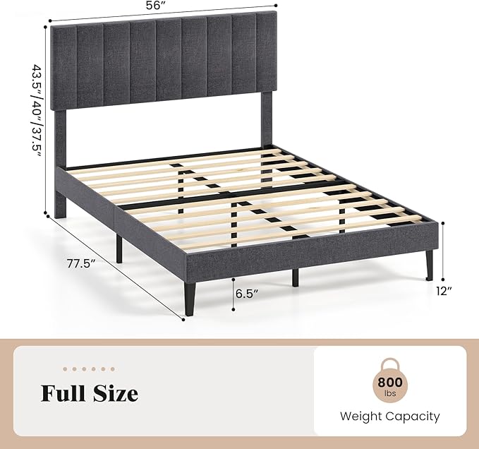 Giantex Full Size Upholstered Bed Frame, Platform Bed with Height Adjustable Vertical Channel Headboard, Wooden Slats Support Mattress Foundation, No Box Spring Needed, Noise Free, Grey