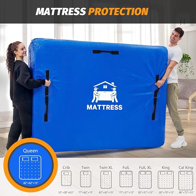 Mattress Bags for Moving, BETU Mattress Protector Waterproof Mattress Cover Queen Size Storage Bags with 8 Heavy-Duty Handles and Zipper for Bed Extra Thick Large Reusable (82"x62"x15" Blue)