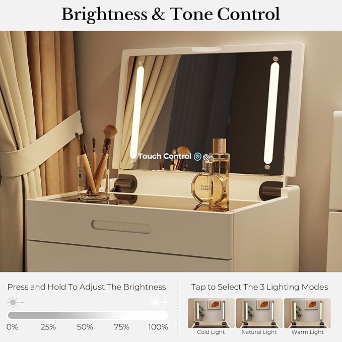 Muwuele Solid Wood Small Vanity Desk with Mirror and Lights, Narrow Makeup Vanity for Small Space, Flip Top Vanity Side Table, 3 Color Modes & Adjustable Brightness, 19.6" Slim Dressing Table, White