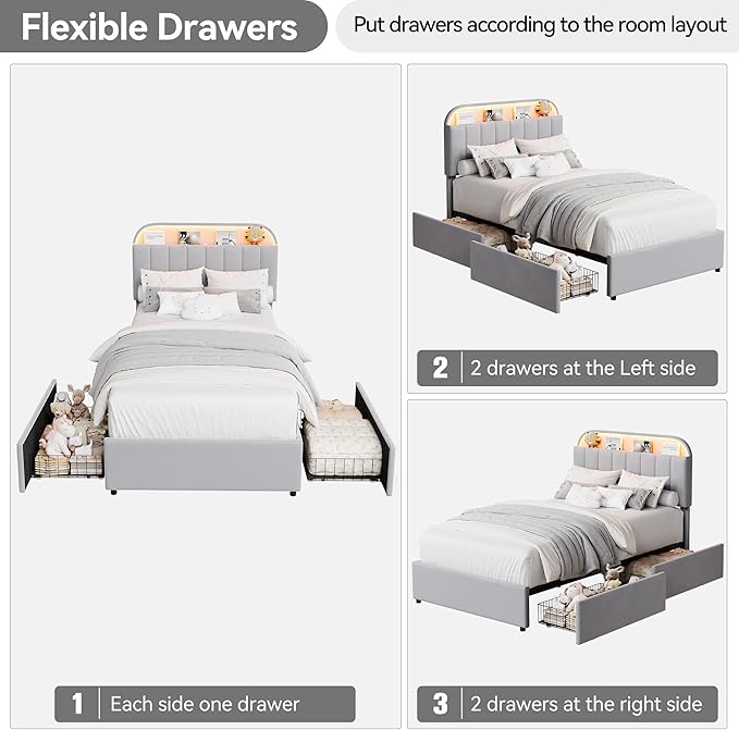 GarveeHome Twin XL Bed Frame with Storage Headboard, Kids Bed Frame with 2 Drawers, Velvet Upholstered Platform Bed Frame with Lights, No Box Spring Needed, Easy Assembly, Velvet Grey