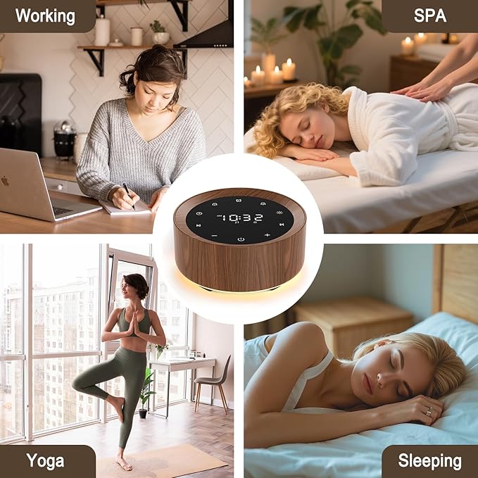 White Noise Machine with Alarm Clock & Night Light for Babies and Adults, 20 Soothing Sounds, Glare-Free Upward Display, Touch Control, Memory Function, 5 Sleep Timers, Wood Grain