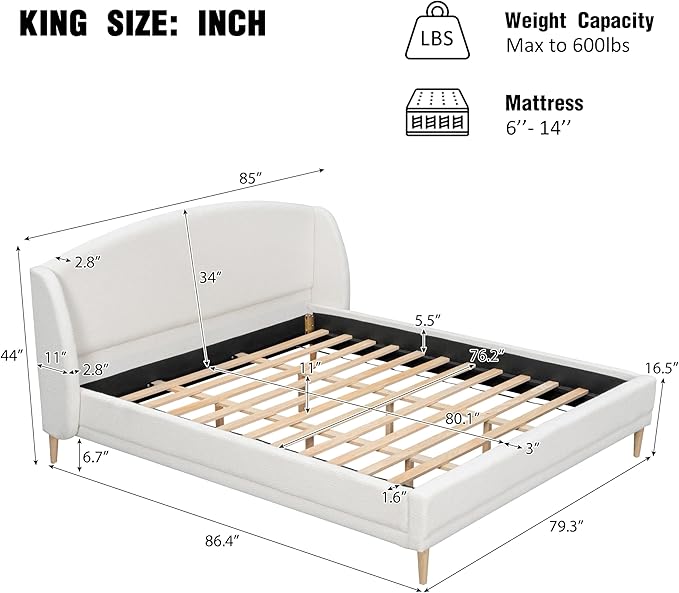 King Size Upholstered Platform Bed Frame with Boucle Fabric Wingback Headboard Solid Wood Legs No Box Spring Modern Bed Frame, White