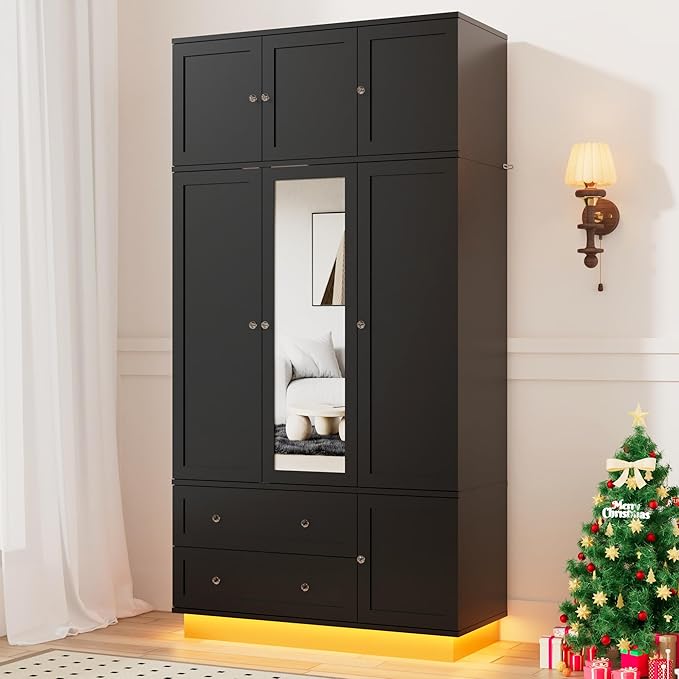 92.2" Tall Armoire Wardrobe Closet with Mirror & Motion Sensor Light, Large Storage Cabinet with 2 Drawers, Hanging Rod & Adjustable LED Strip, Anti-Tipping Wood Bedroom Furniture, 47.4"L, Balck