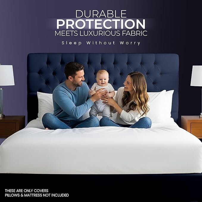 Waterproof Mattress Protector and Pillow Cases, Full Size, Includes +2 Zippered Pillow Protectors and 1 Mattress Cover Set, Fitted Sheet Style Deep Pockets with All Around Elastic