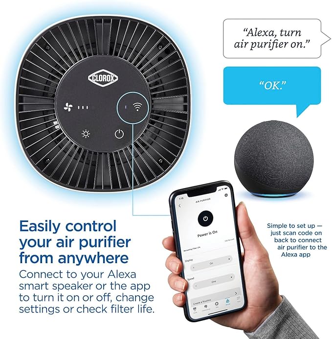 Clorox Smart Air Purifiers for Bedroom Home, True HEPA Filter, Works with Alexa, Small Rooms up to 200 Sq Ft, Removes 99.9% of Viruses, Wildfire Smoke, Mold, Allergies, Dust, AUTO Mode, Whisper Quiet
