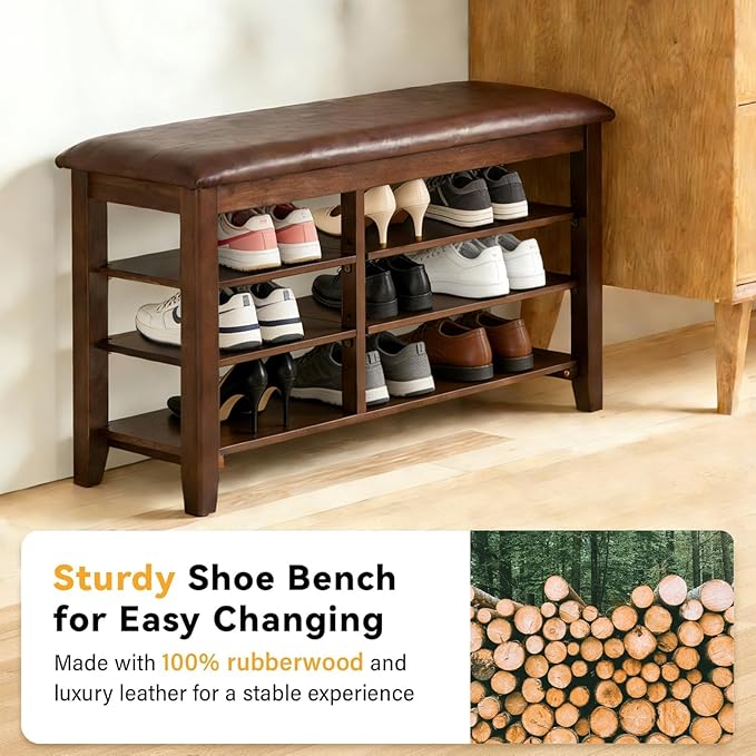 PY HOME & SPORTS Shoe Rack for Entryway 31.5": 3-Tier Shoe Storage Bench,Adjustable/Removable Shelves, Rubberwood Shoe Benches for Hallway, Porch, Bathroom, Brown
