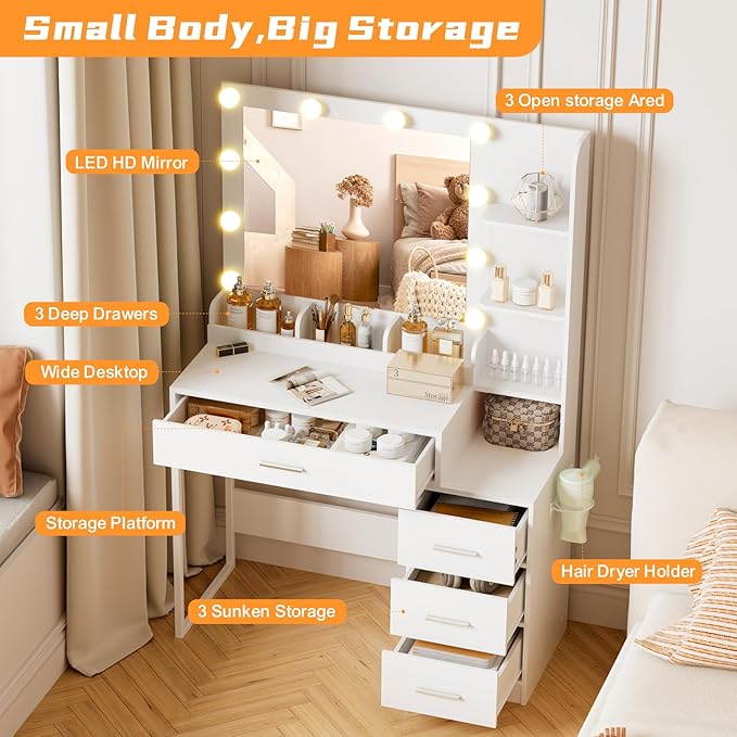 KAMABOKO Vanity Desk with Lighted and Mirror, White Makeup Table with Drawers and Charging Station, 3 Model Adjustable for Bedroom & Dressing Room (038 White)