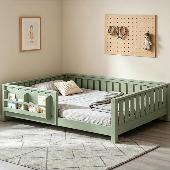 Bellemave Full Size Floor Bed Frame with Fence & Bookshelf, Solid Pinewood Montessori Floor Bed Full with Slats Load 550LBS, Low Profile Floor Bed for Kids, Bedroom, Nursery, Easy Assembly, Green