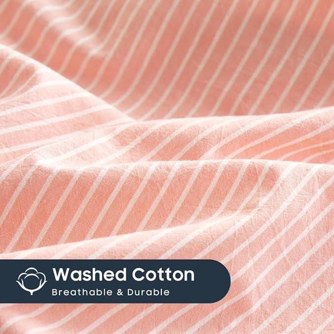 Wake In Cloud - Striped Cotton Duvet Cover Set, 100% Washed Cotton Textured Percale Bedding Set, Ticking Stripe Pinstripe Farmhouse, 3 Pieces, Light Pink, Full Size