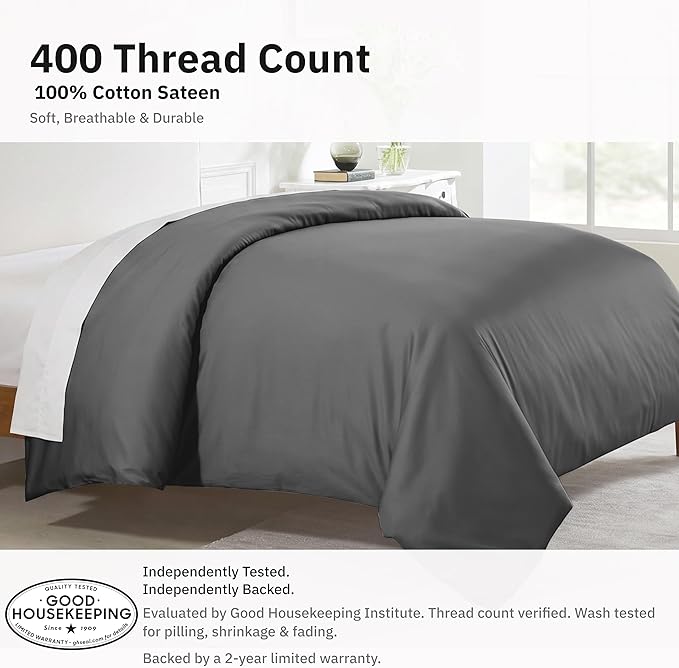 California Design Den Full/Queen 100% Cotton Duvet Cover Only - Winner Good Housekeeping Best Bedding Awards 2025, 400 Thread Count, Sateen Duvet Covers Queen, Button Closure & Corner Ties - Grey