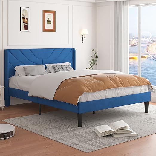 VECELO Queen Bed Frame Upholstered Platform with Fabric Headboard,Wooden Slats Support/No Box Spring Needed/Mattress Foundation,Dark Blue