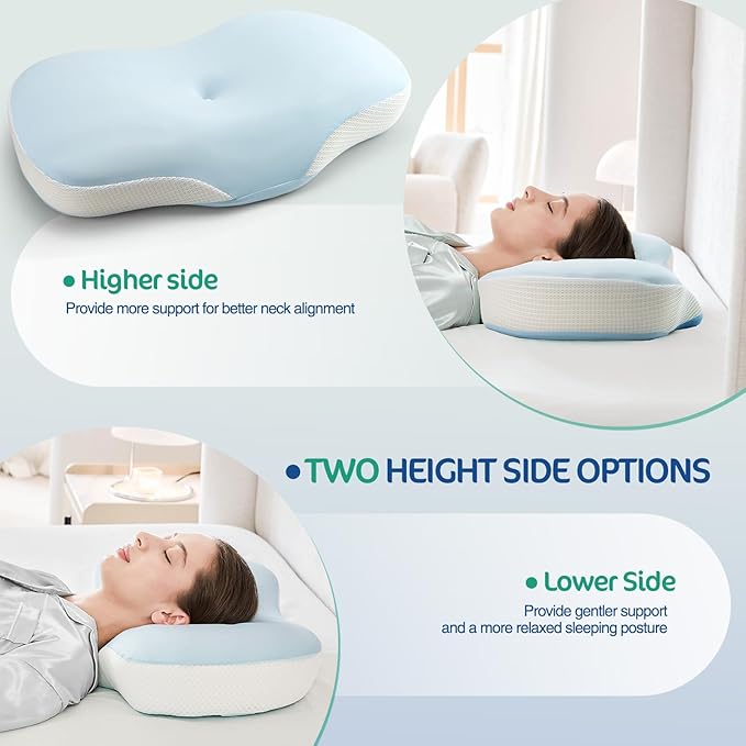 JOYENERGY Ergonomic Cervical Pillow, Contour Design for Side & Back Sleepers, Memory Foam Orthopedic Cervical Shape Gently Cradles Head & Provides Neck Support & Shoulder Pain Relief (Blue)
