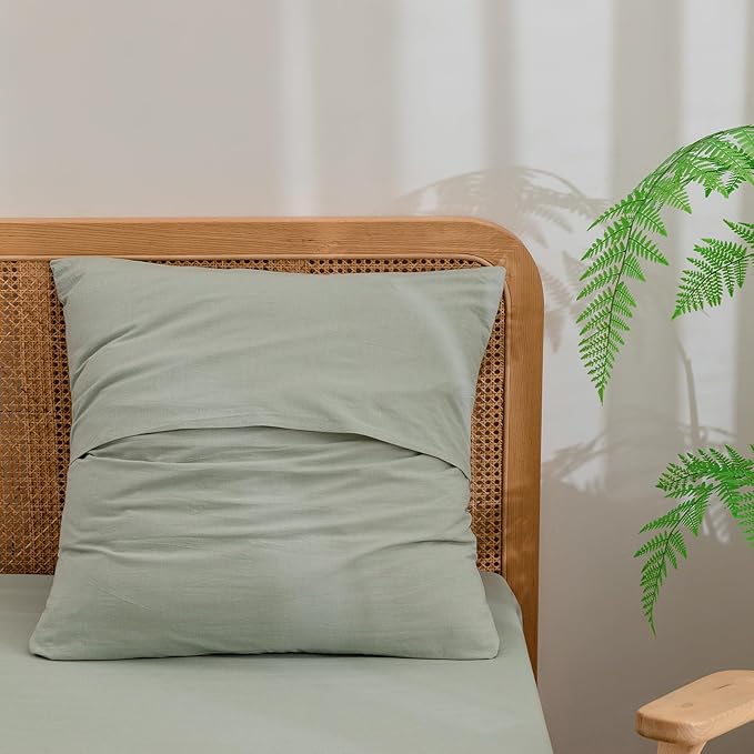 BESTOUCH 100% Washed Cotton Pillowcase for Hair and Skin Linen Feel Soft Comfortable Breathable 2 Set Pillow Case with Envelope Closure Solid Sage Green Euro 26x26 Inches