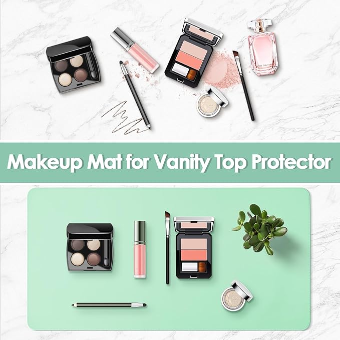 Makeup Mat for Vanity to Protect Desk Top 31.5 x 15.7 in, Dual-Sided Makeup Mat, Easy to Clean Desk Pad - Waterproof and Oilproof Vanity Accessories (Calamine Blue and Mint Green)