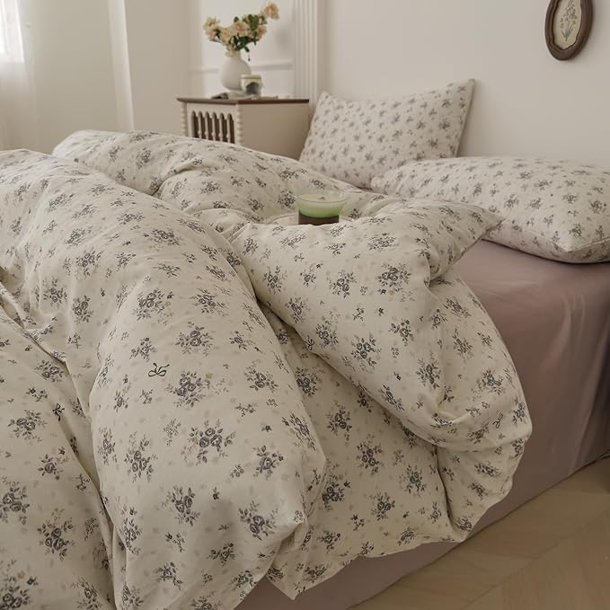 Vintage Gray Ditsy Floral Duvet Cover Set, Cream Off-White Double Layer Gauze Cotton Bedding Set, Soft Breathable Floral Bed Cover for Cottagecore French Country Bedroom Decor, Queen Size