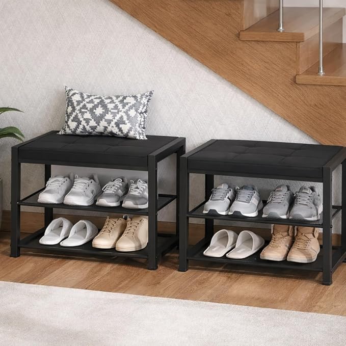 HOOBRO Small Shoe Bench, 3-Tier Shoe Rack, Shoe Storage Bench with PU Seat Cushion, Entryway Shoe Rack Bench with Metal Mesh Shelves, Freestanding Shoe Organizer for Hallway, Black BB33HX01