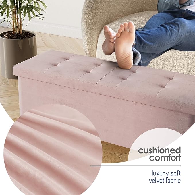 Storage Ottoman Bench with Bins, 43-in Storage Bench for Bedroom End of Bed, Folding Foot Rest Ottoman for Living Room Max 660lbs, Velvet Ottomans, Pink