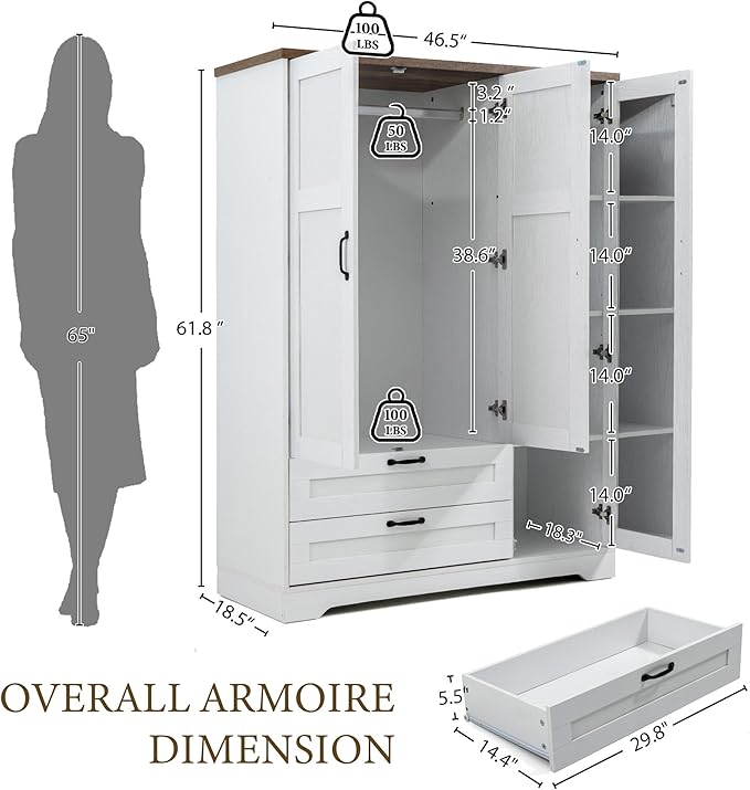 Yechen 3-Door Wooden Armoire Wardrobe Closet with Drawers and Shelves, Bedroom Armoires Closet with Mirror for Hanging Clothes, Coat, Farmhouse Wardrobe Cabinet for Large Storage Needed