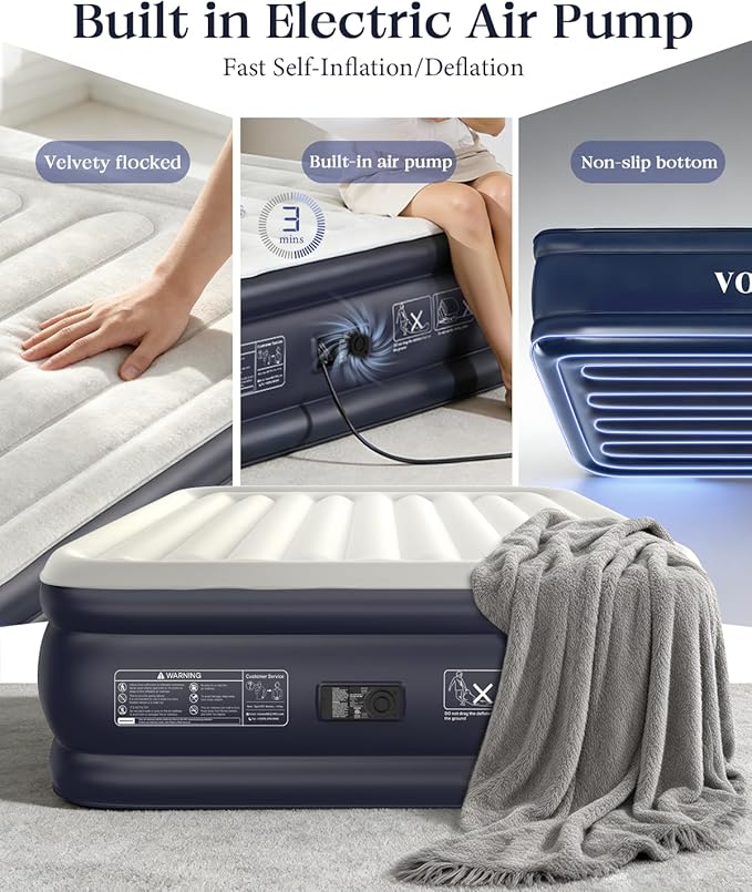 VOSSER Air Mattress Queen with Built-in Pump, 18" Raised Inflatable Blow Up Mattress,Upgraded Heavy Duty Portable Air Bed for Home,Guests,Floor & Camping, Self Inflating Colchon Inflable for Adults