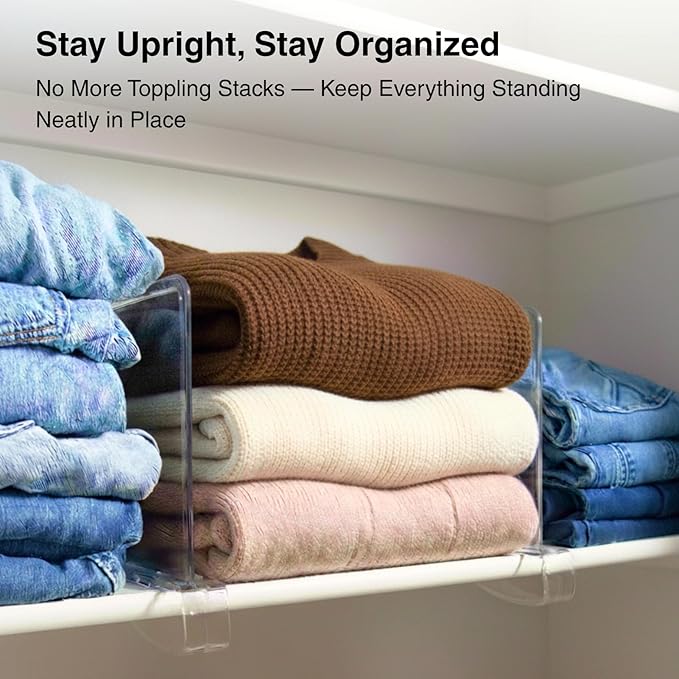 SortNStore Shelf Dividers Purse Organizer for Closet: 6-pack Acrylic Bag Storage Organizer for Handbags, Clutches, Clothes, Sweater, Towel on Wood Shelves