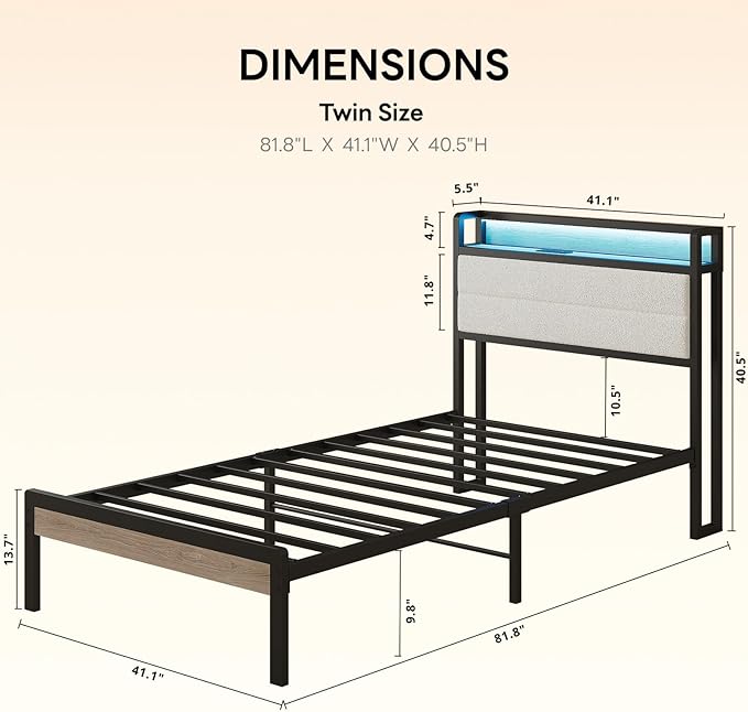 LIKIMIO Twin Bed Frame with Storage Headboard & LED Lights, Metal Platform Bed with Charging Station, Noise Free, No Box Spring Needed, Under Bed Storage, Natural and Cream