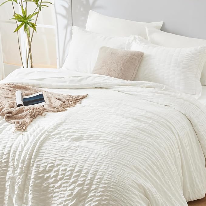 CozyLux Queen Comforter Set Ivory Seersucker 7 Pieces Bed in a Bag Queen Comforter Set with Sheets, Luxury Soft Bedding Sets with Down Alternative Comforter, Sheets, Pillowcases & Shams for All Season