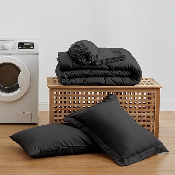 Love's cabin Twin XL Comforter Set Black, 5 Pieces Twin XL Bed in a Bag, All Season Bedding Sets with 1 Comforter, 1 Flat Sheet, 1 Fitted Sheet, 1 Pillowcase and 1 Pillow Sham | Soft, Breathable, Lightweight, Comfortable
