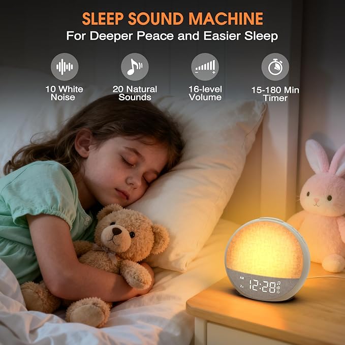 Sunrise Alarm Clock, White Noise Sound Machine with 30 Soothing Sounds, Dimmable Night Light, Natural Sunlight Lamp Gentle Wake Up Light for Bedrooms, Kids, Heavy Sleepers Adults, Baby, Ideal for Gift