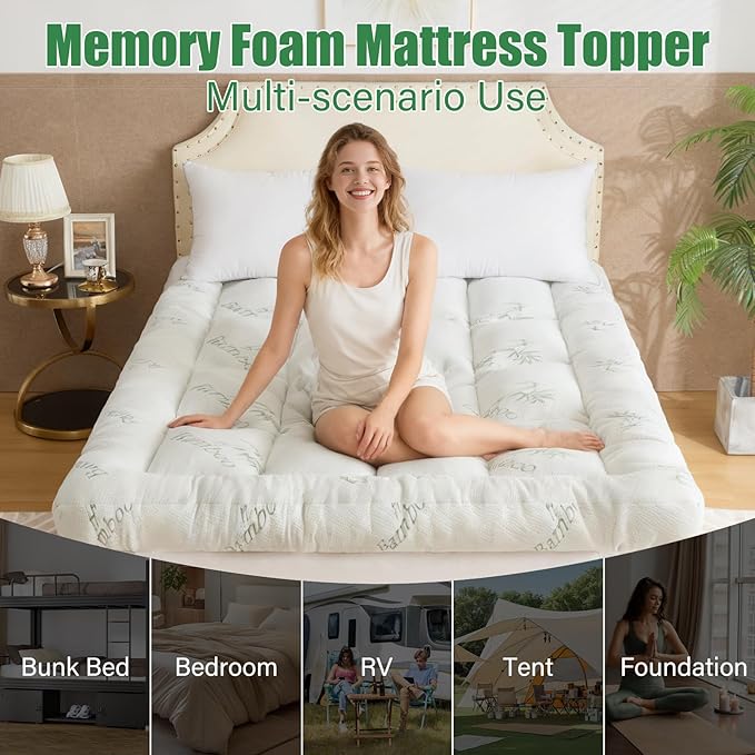 WhatsBedding 5 Inch Memory Foam Mattress Topper Full Size, Viscose Made from Bamboo, Breathable Air Layer, Soft Thick Pillow Top Mattress Topper for Back Pain