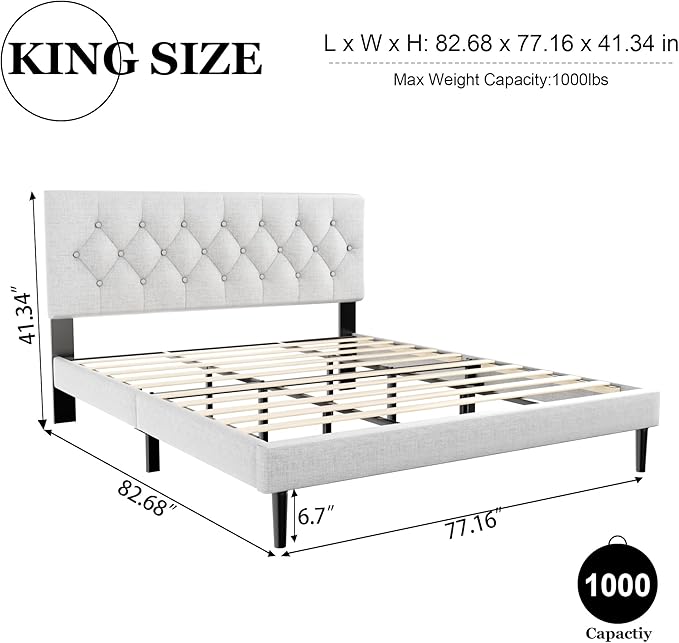 HAOARA King Size Platform Bed Frame with Upholstered Button Tufted Headboard, Mattress Foundation with Wooden Slat Support, Noise Free, No Box Spring Needed, Easy Assembly, Light Grey
