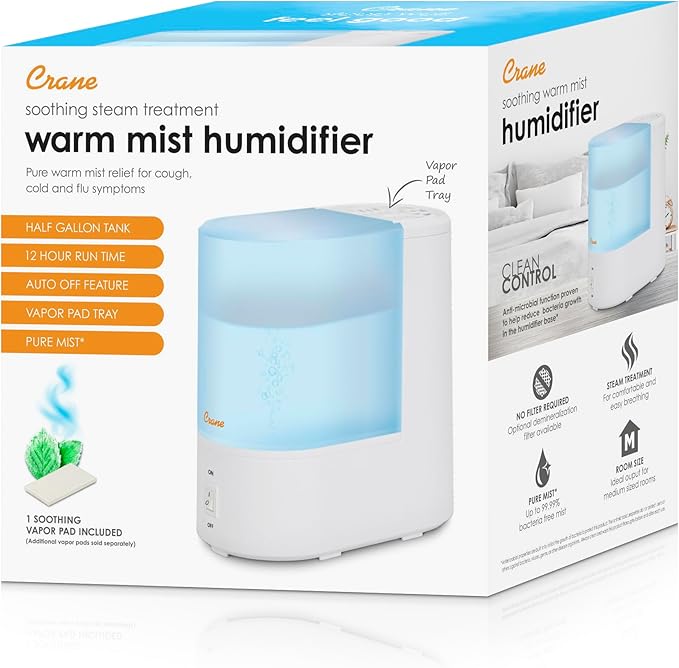 Crane Warm Mist Humidifier, Small Humidifier for Bedroom, Office, Vapor Pad Tray, Soothing Warm Mist Humidifiers For Bedroom, Relief for Dry Air, Quiet Operation, Auto Shut-Off, Desk Humidifiers