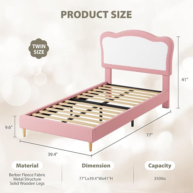 GarveeHome Upholstered Twin Bed Frame for Kids with Scallop Headboard, Cute Velvet Twin Bed for Girls, Boys, Sturdy Platform Bed, No Box Spring Needed, Wooden Slats, Noise Free, Pink White