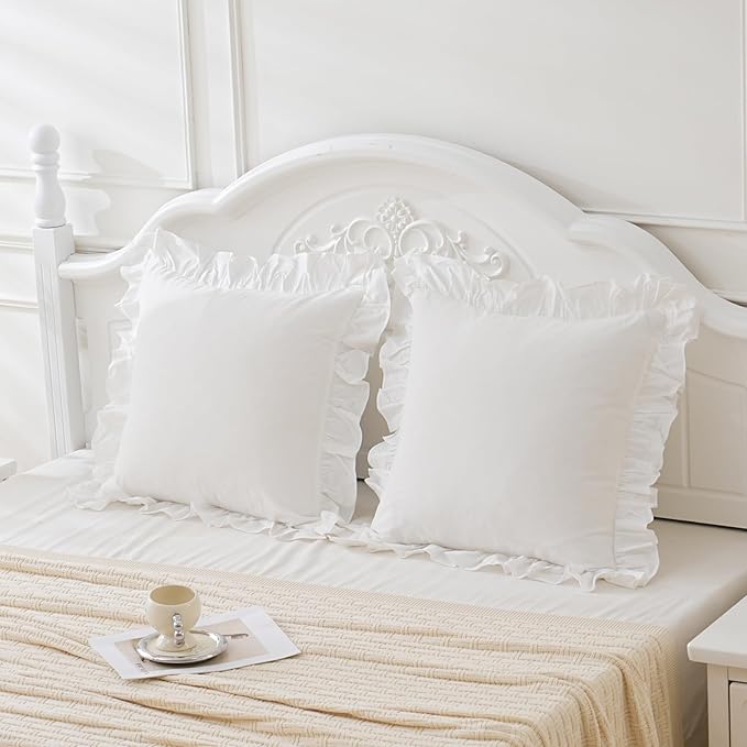 Vintage Off White Ruffle Euro Shams Shabby Farmhouse Pillow Cover 100% Washed Cotton Pillowcases Set of 2-26"x26" White