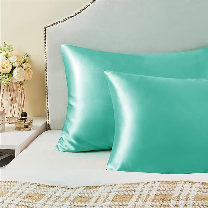 BEDELITE Satin Pillowcase for Hair and Skin, Super Soft and Cooling Similar to Silk Pillow Cases 2 Pack with Envelope Closure, Gift for Women Men(20"x30" Queen Size, Turquoise)
