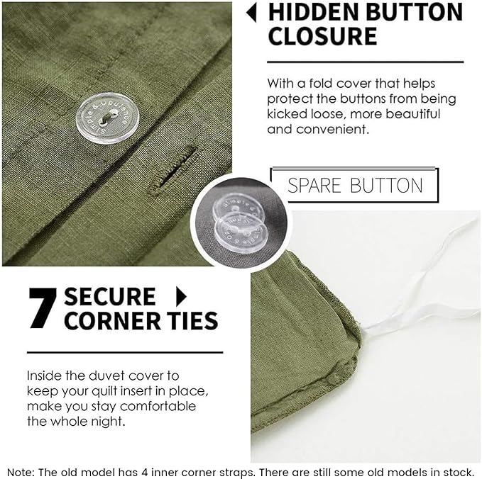 Simple&Opulence 100% Linen Duvet Cover Set 3pcs Basic Style Natural French Washed Flax Solid Color Soft Breathable Farmhouse Bedding with Button Closure - Olive Green, Queen