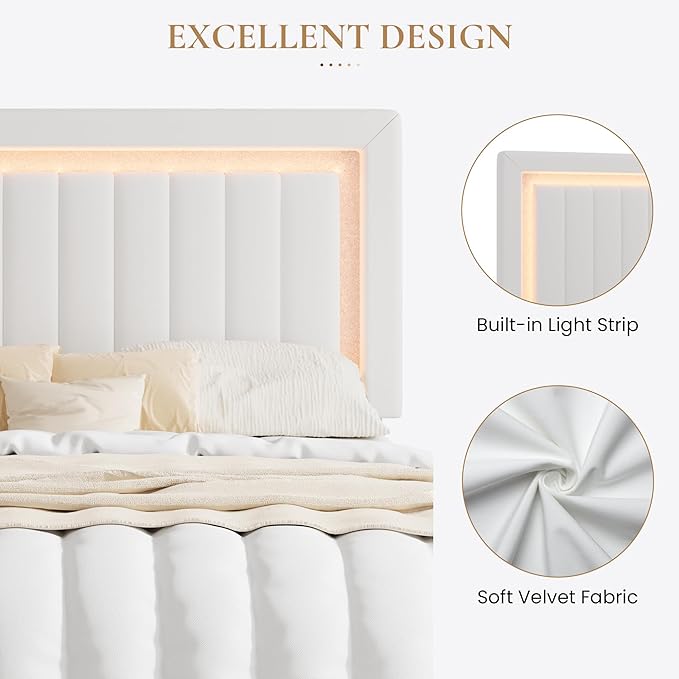 SHA CERLIN King Size Velvet Bed Frame with LED Light, Adjustable Vertical Channel Tufted Headboard, Strong Wooden Slats Support, Noise-Free, No Box Spring Needed, White