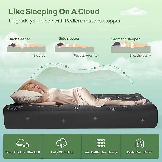 BEDLORE Queen Mattress Topper Viscose Derived from Bamboo, Thick Pillow Top Mattress Pad with Stretchable Pockets for 6-18 inches Mattress, Soft Mattress Topper for Back Pain Relief(Dark Gray)