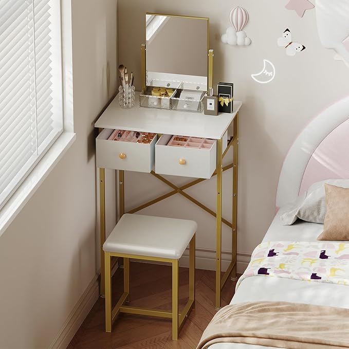X-cosrack Small Makeup Vanity Desk with Mirror & Chair, Mini Vanity Desk Table Set with Fabric Storage Drawer, 19.7" Compact Vanity Desk for Girls, Dressing Table with Chair for Bedroom, White Golden