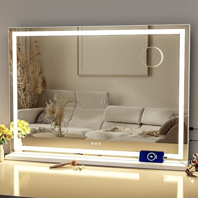 Gvnkvn Makeup Vanity Mirror with Lights 32" x 24" Large LED Makeup Mirror, Light up Mirror with 10X Magnification and USB Charging Port, Dimmable 3 Modes, Touch Screen Control Square Corner