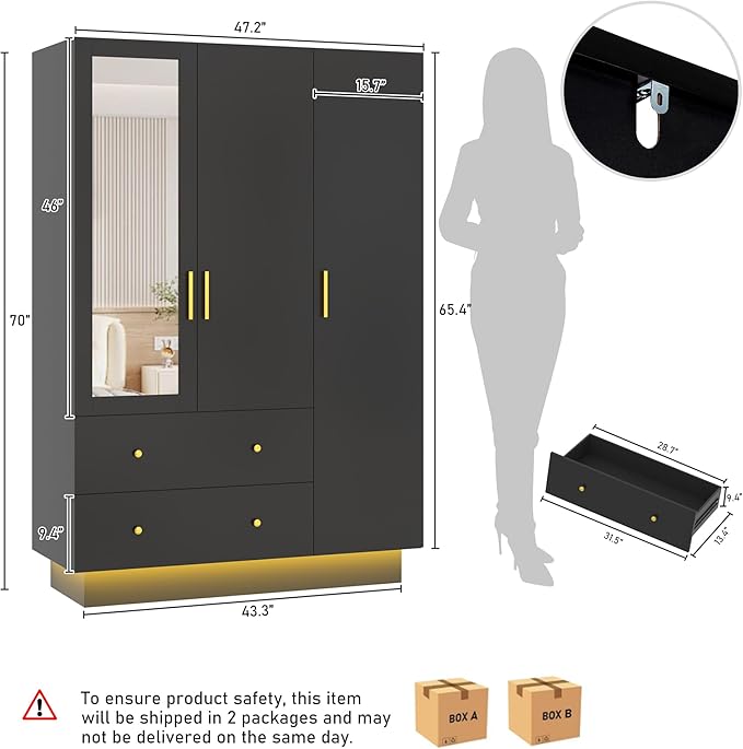 chartustriable 3 Doors Armoire Wardrobe Closet with Mirror, LED Armoire with Doors and Drawers, Wooden Wardrobe Storage Cabinet with Hanging Rod, Adjustable Shelves, Black