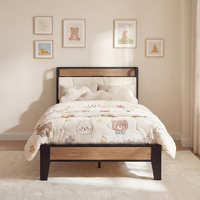 LIKIMIO Twin Bed Frames, Storage Headboard with Charging Station, Solid and Stable, Noise Free, No Box Spring Needed, Easy Assembly, Wood and Cream