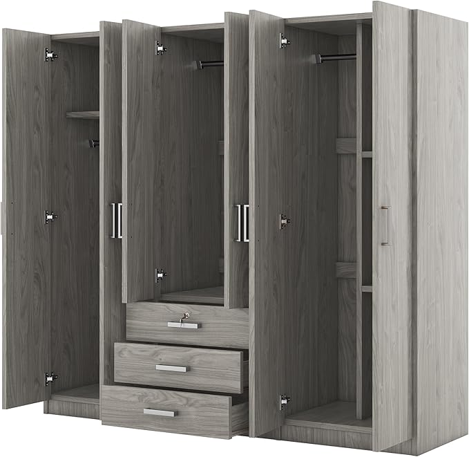 68" H Large 6 Doors Wooden Wardrobe Closet, Freestanding Armoire Wardrobe Closet Cabinet with 3 Drawers, Shelves and Hanging Rod for Hanging Clothes, Coat Closets for Bedroom, Gray