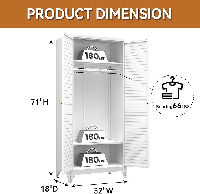 Polup Metal Armoire Wardrobe Closet with Doors, 71" Tall White Wardrobe Cabinet with Hanging Rod and Adjustable Shelves, Steel Clothing Storage Cabinet for Bedroom, School, Employee, Gym, Office