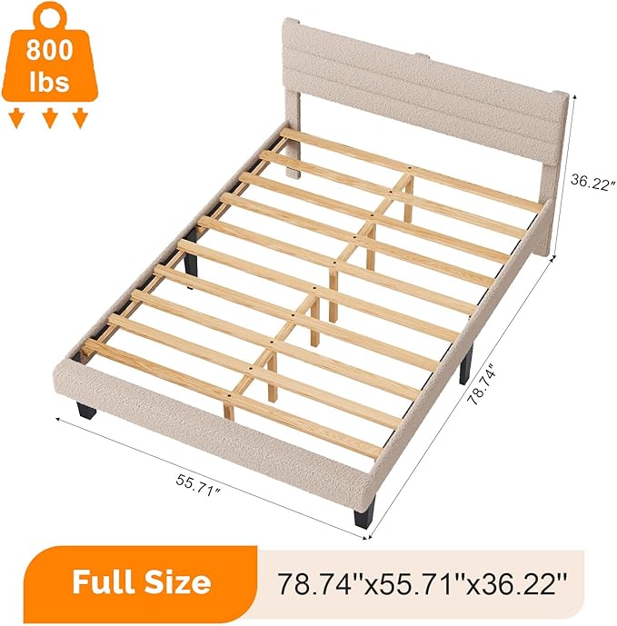 VINGLI Full Size Bed Frame with Storage, Boucle Upholstered Bed Frame with Adjustable Soft Headboard, Tufted Panel Bed with Wood Sturdy Slats Support, Modern Minimalist, Fabric Beige